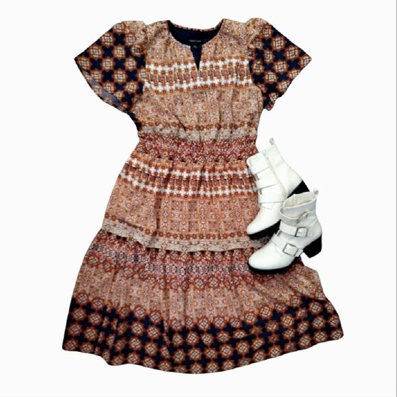 Isabel & Nina Navy Blue Red Multi Printed Short Sleeve Midi Tiered Dress Large - Picture 2 of 14